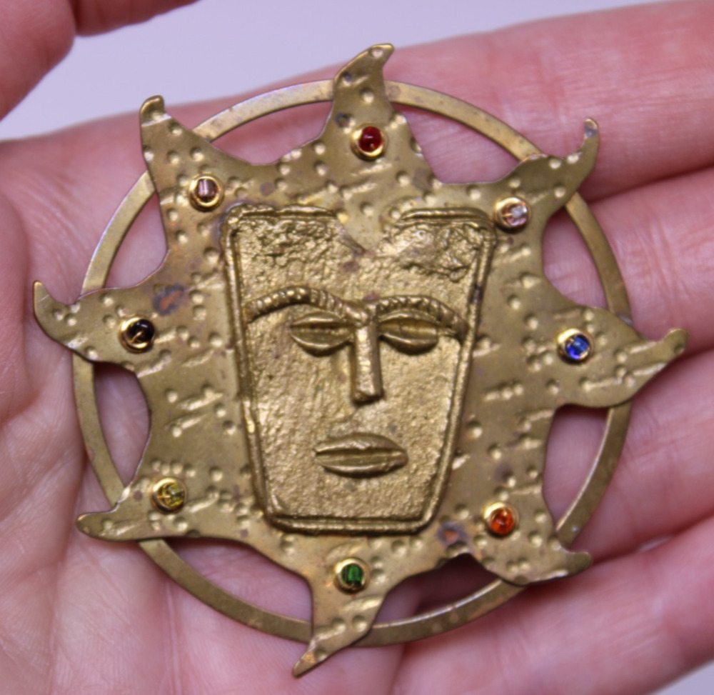Vintage Ruhama San Francisco Brass Solar Shield Brooch Brutalist Sun Face Pin
